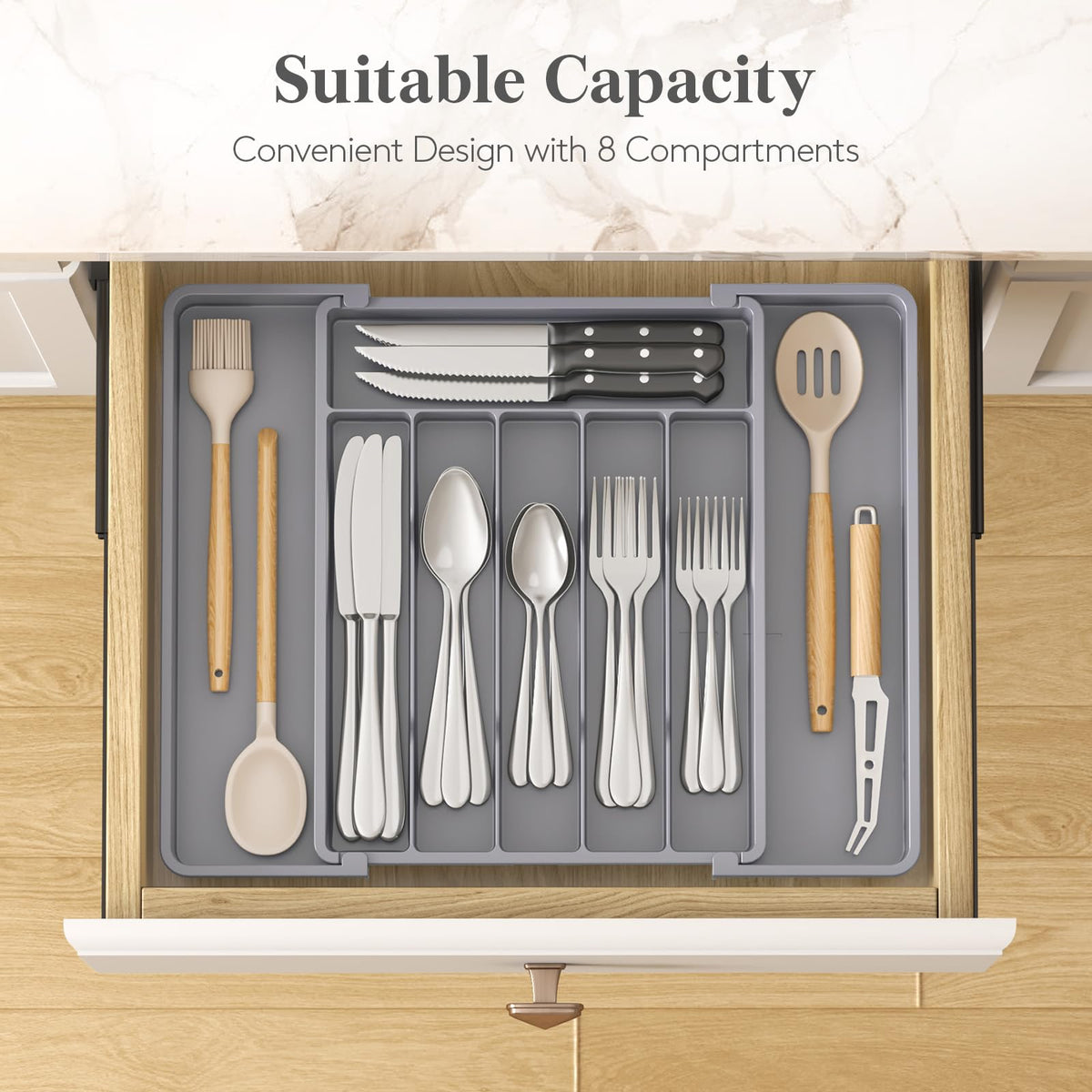 Lifewit drawer organizer fully expanded to fit larger drawers.