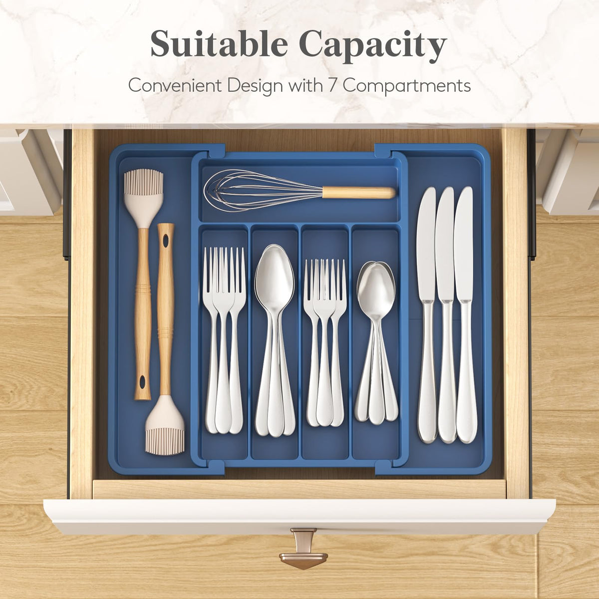 Lifewit silverware drawer organizer fully extended shows maximum capacity