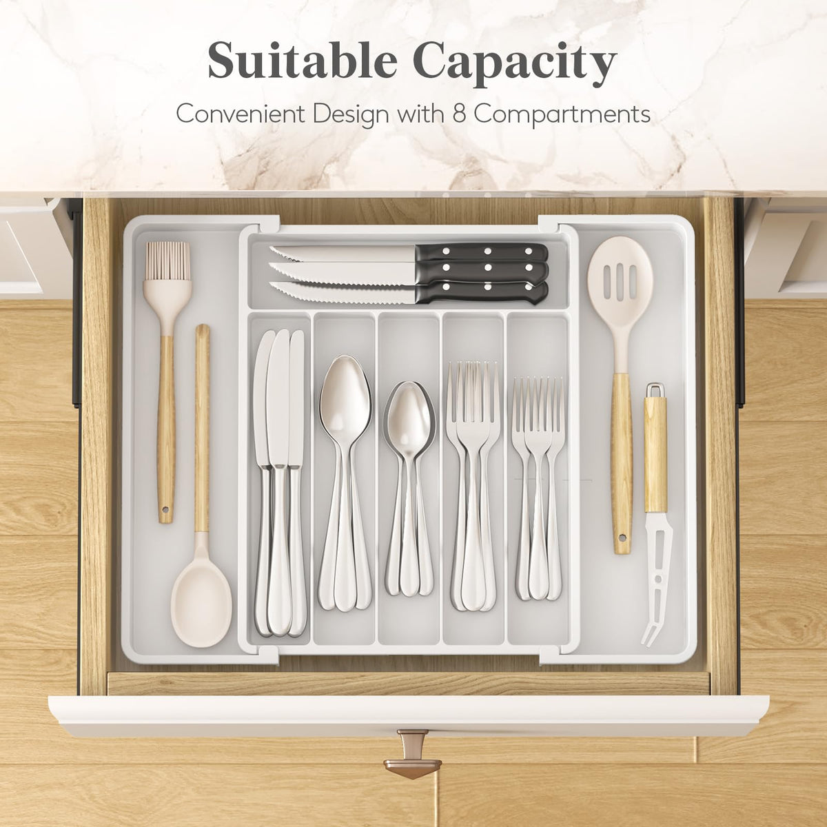 Lifewit silverware drawer organizer fully extended shows maximum width for big drawers.