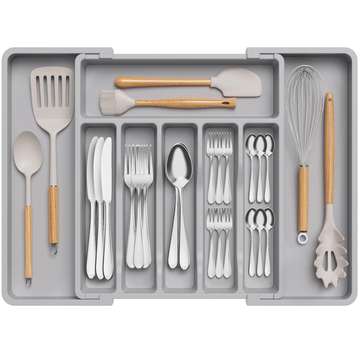 Lifewit silverware drawer organizer fully extended for extra space and easy utensil access.