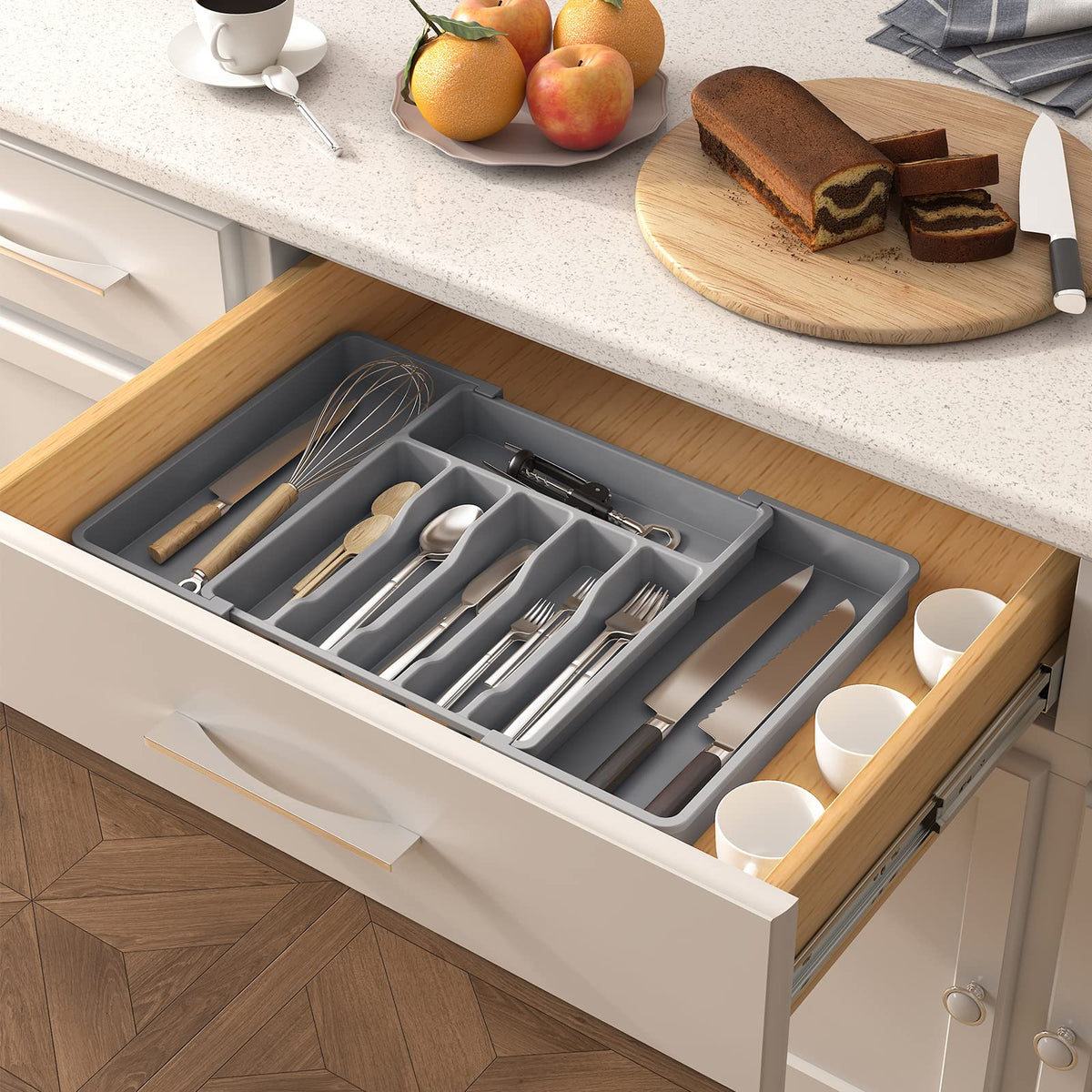 Lifewit grey organizer adds a tidy, modern look to any kitchen drawer.