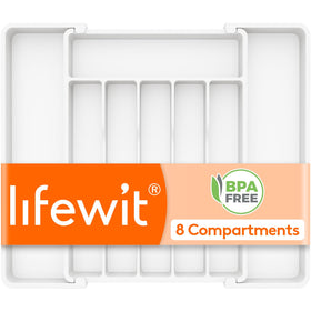 Lifewit silverware drawer organizer with left expandable panel offering extra storage in a kitchen.