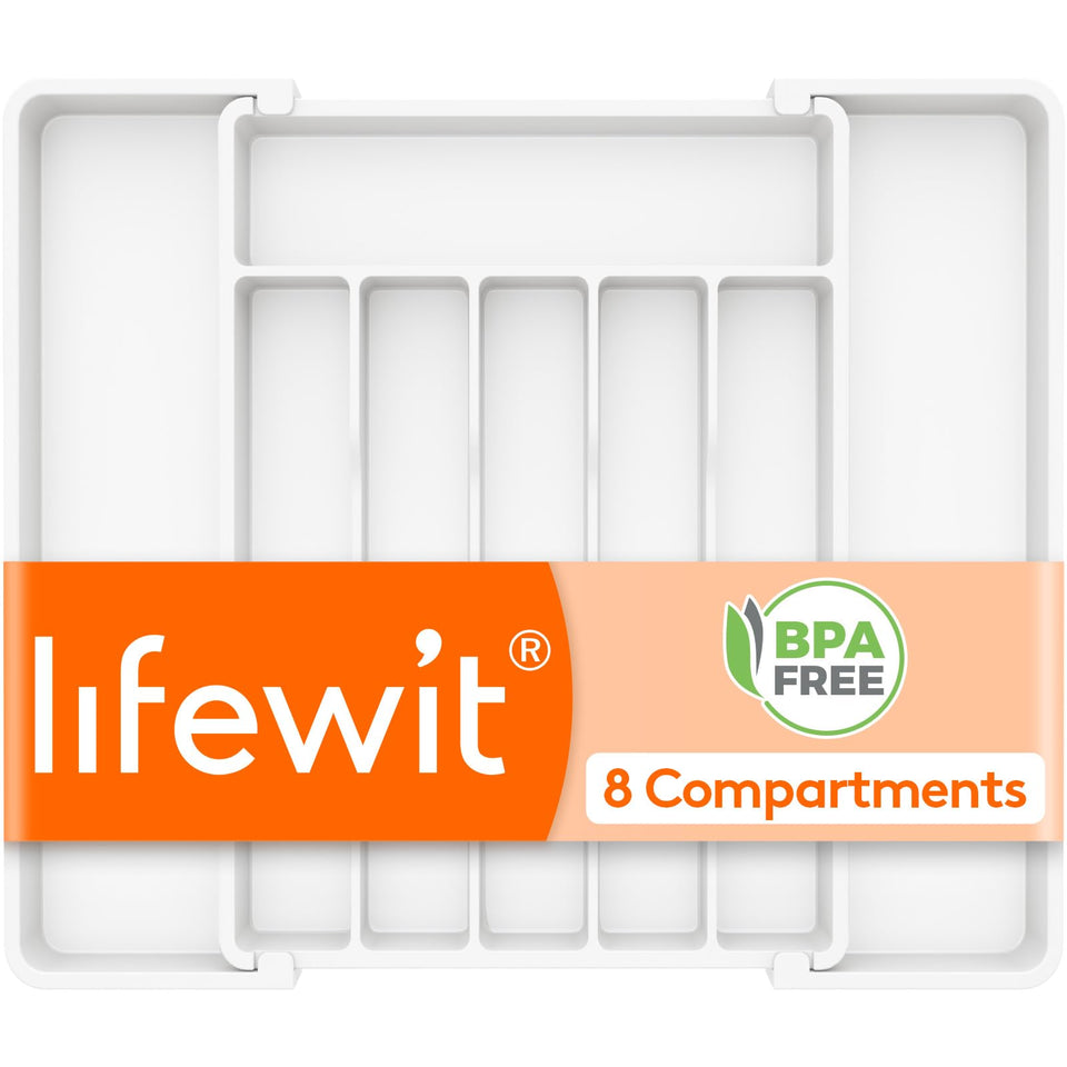 Lifewit silverware drawer organizer with left expandable panel offering extra storage in a kitchen.