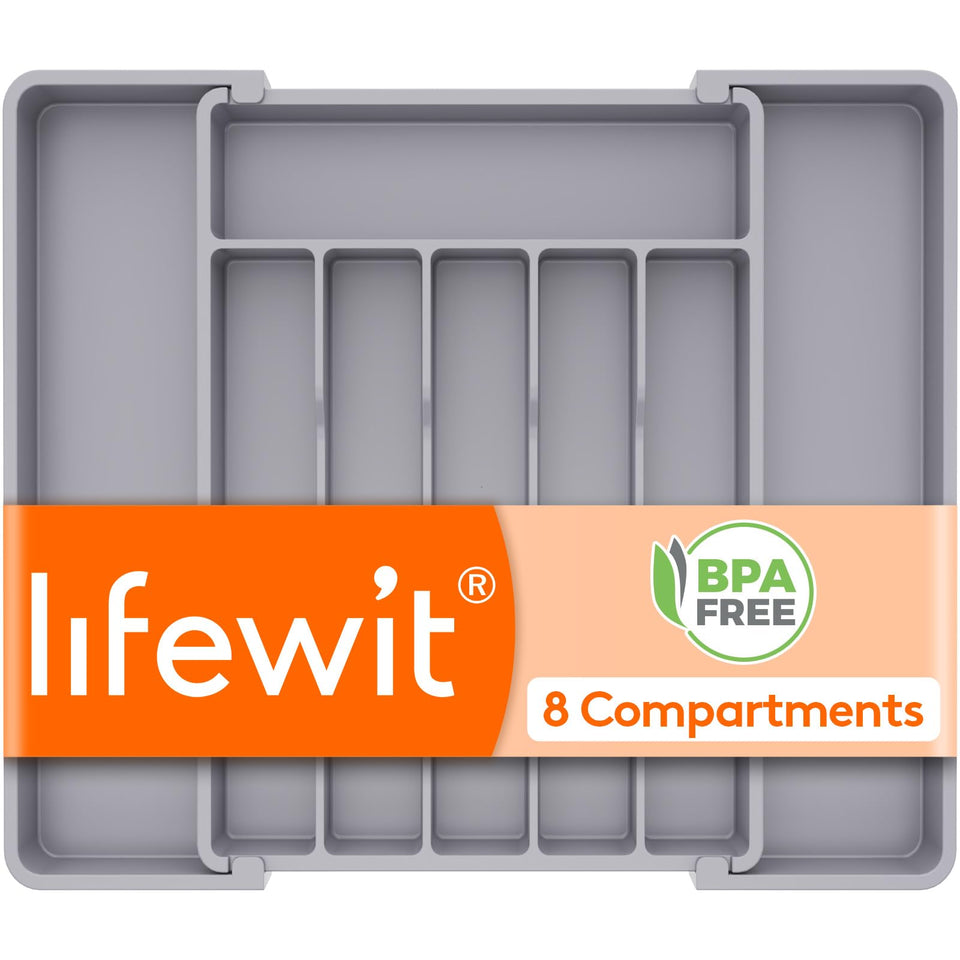 Lifewit silverware drawer organizer left panel extended for extra storage.