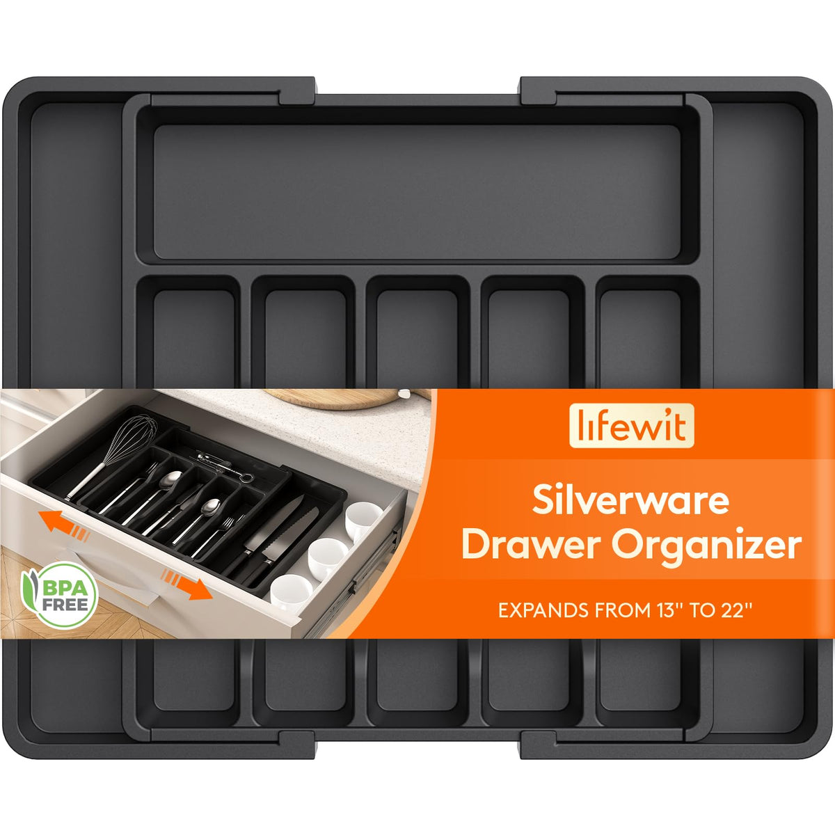 Lifewit silverware drawer organizer expands to fit left and right sections.