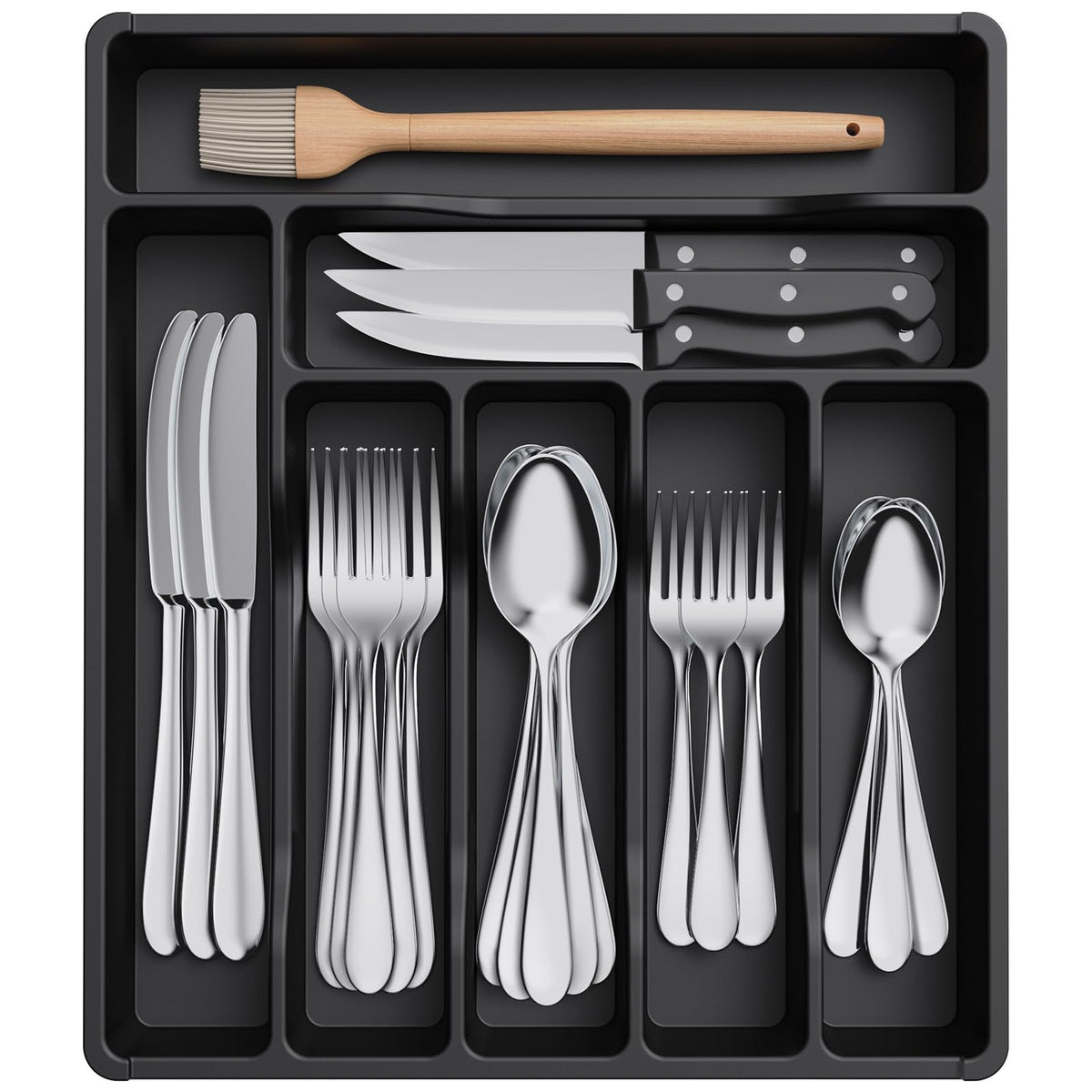 Lifewit silverware drawer organizer front view with seven compartments for easy sorting.