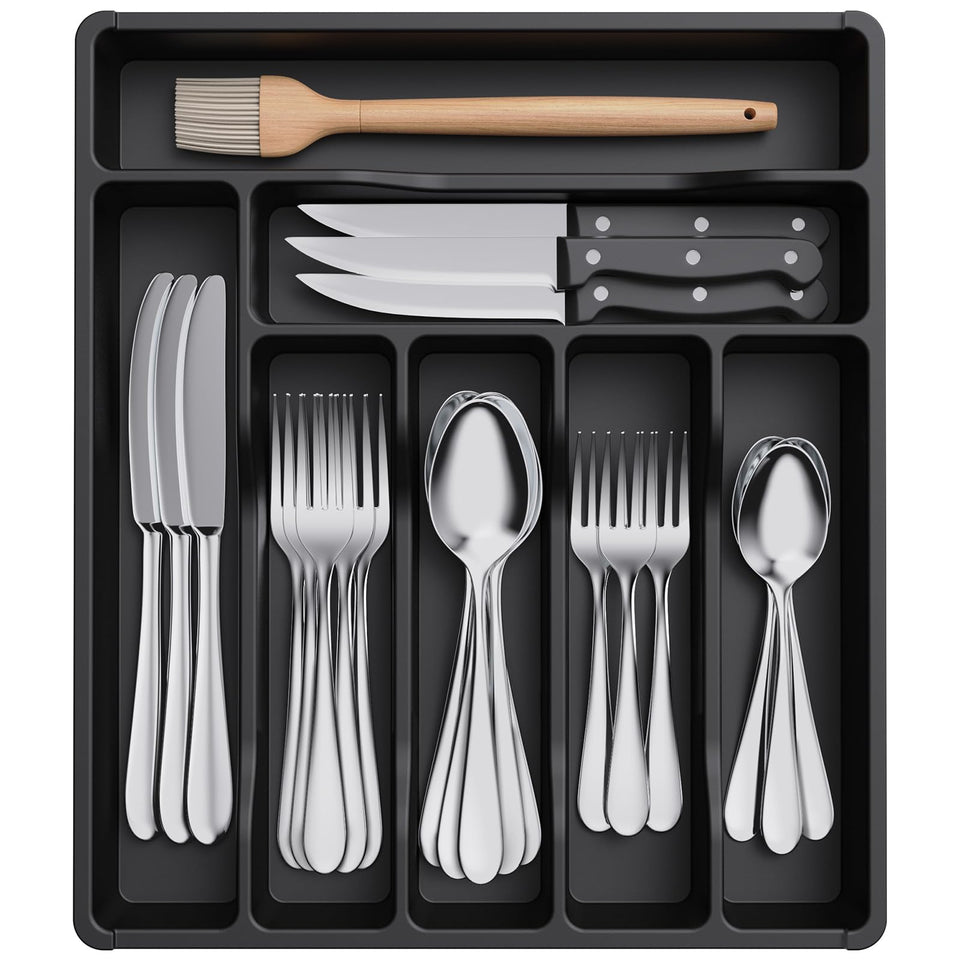 Lifewit silverware drawer organizer front view with seven compartments for easy sorting.