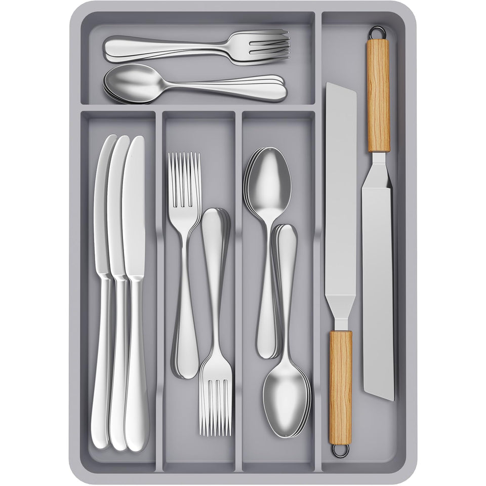 Lifewit silverware drawer organizer tray with four compartments for quick access.
