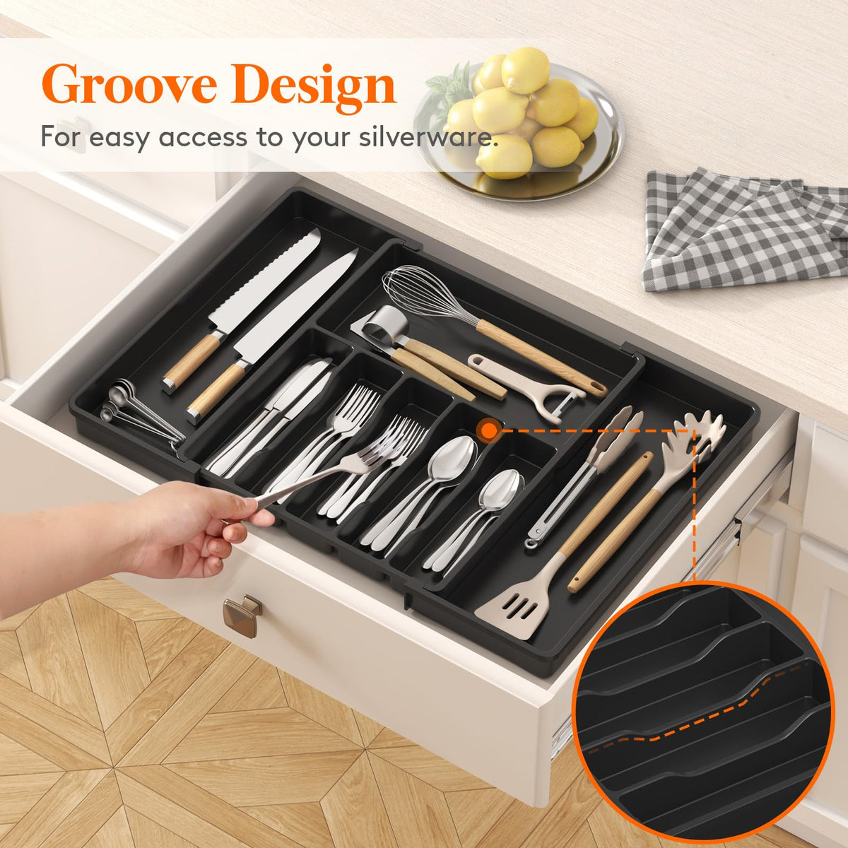 Lifewit expandable tray stores cutlery and small items beyond utensils.