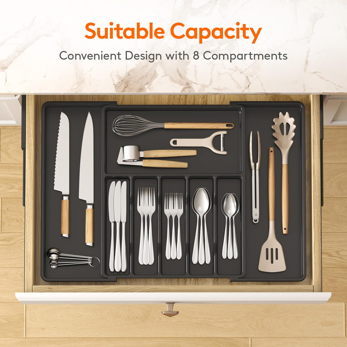 Lifewit silverware tray with compartments creates neat, easy access.