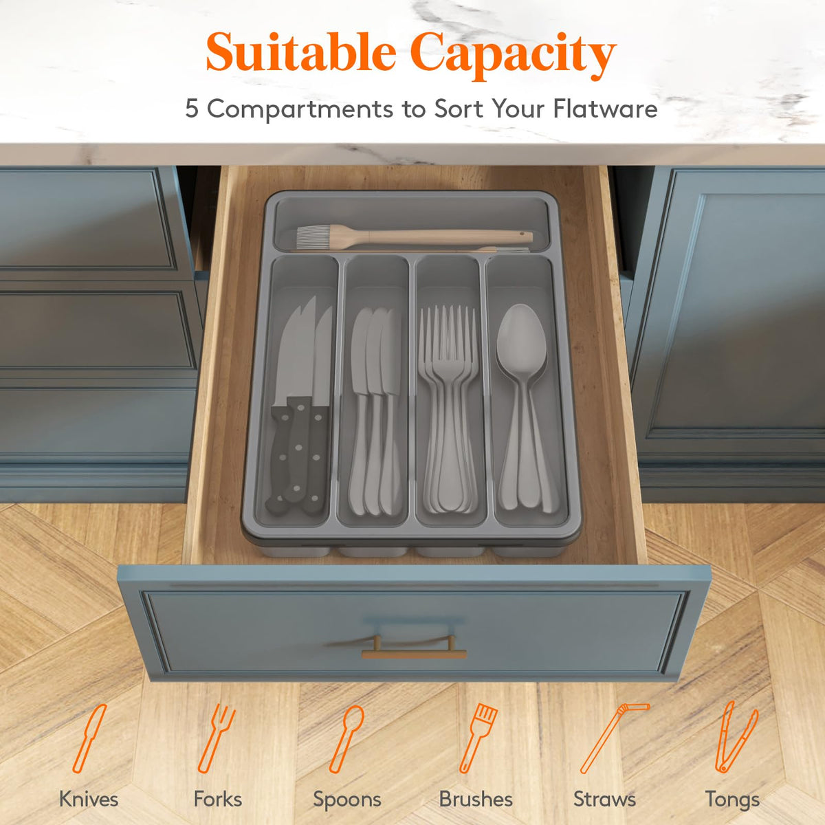 Lifewit 5-compartment tray neatly sorts forks, knives, spoons, and utensils.
