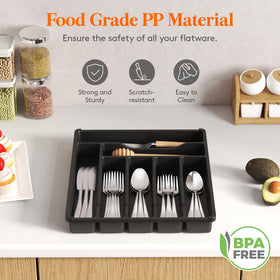 Lifewit silverware organizer close-up in black plastic highlighting durability.