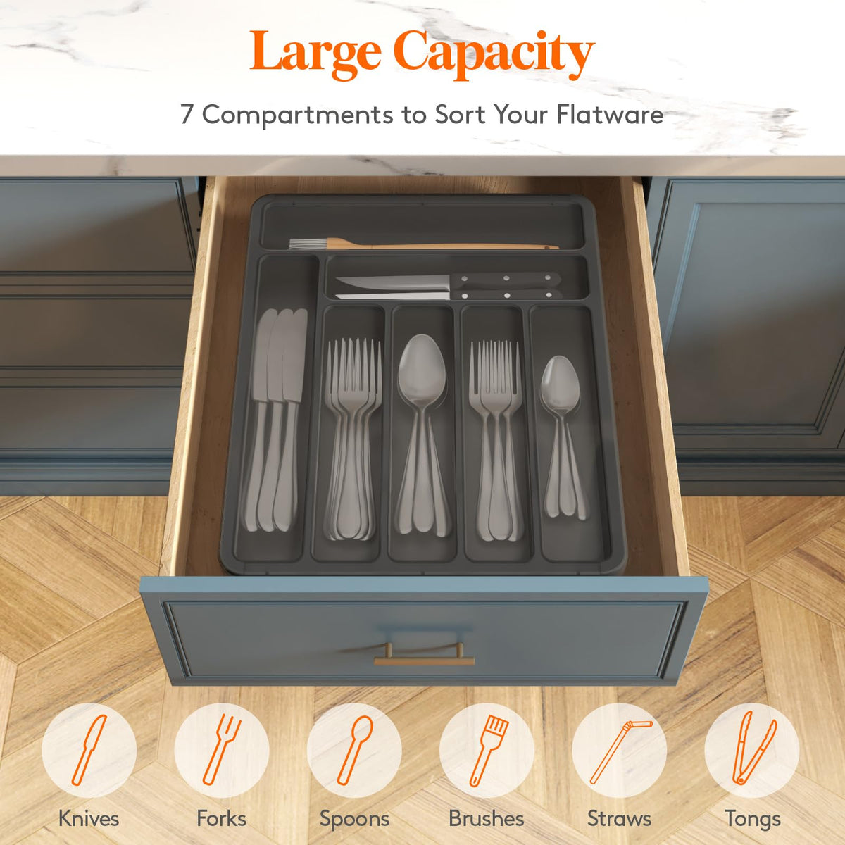 Lifewit seven-compartment organizer keeps spoons, forks, knives neatly separated.