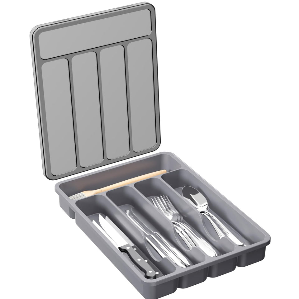 Lifewit silverware organizer with lid shows dust-free storage for spoons and forks.