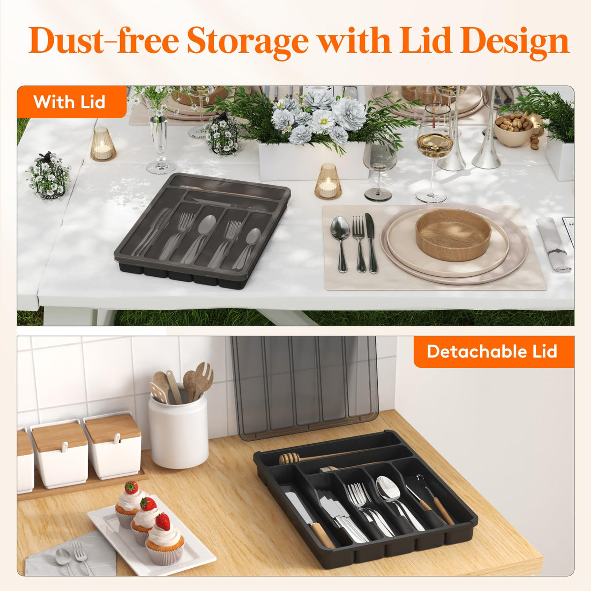 Lifewit silverware organizer with lid transparent lid shows contents at a glance.