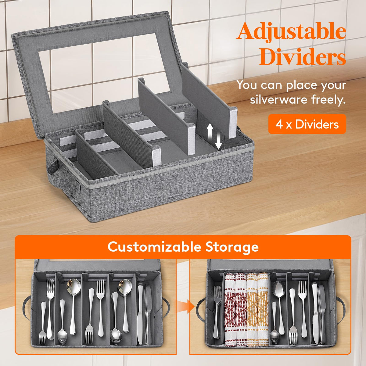 Lifewit silverware storage box with adjustable dividers adapts to utensils.