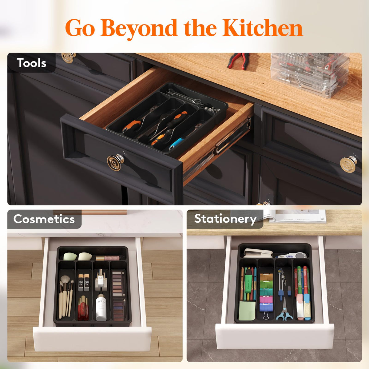 Compact tray helps reduce clutter on countertops