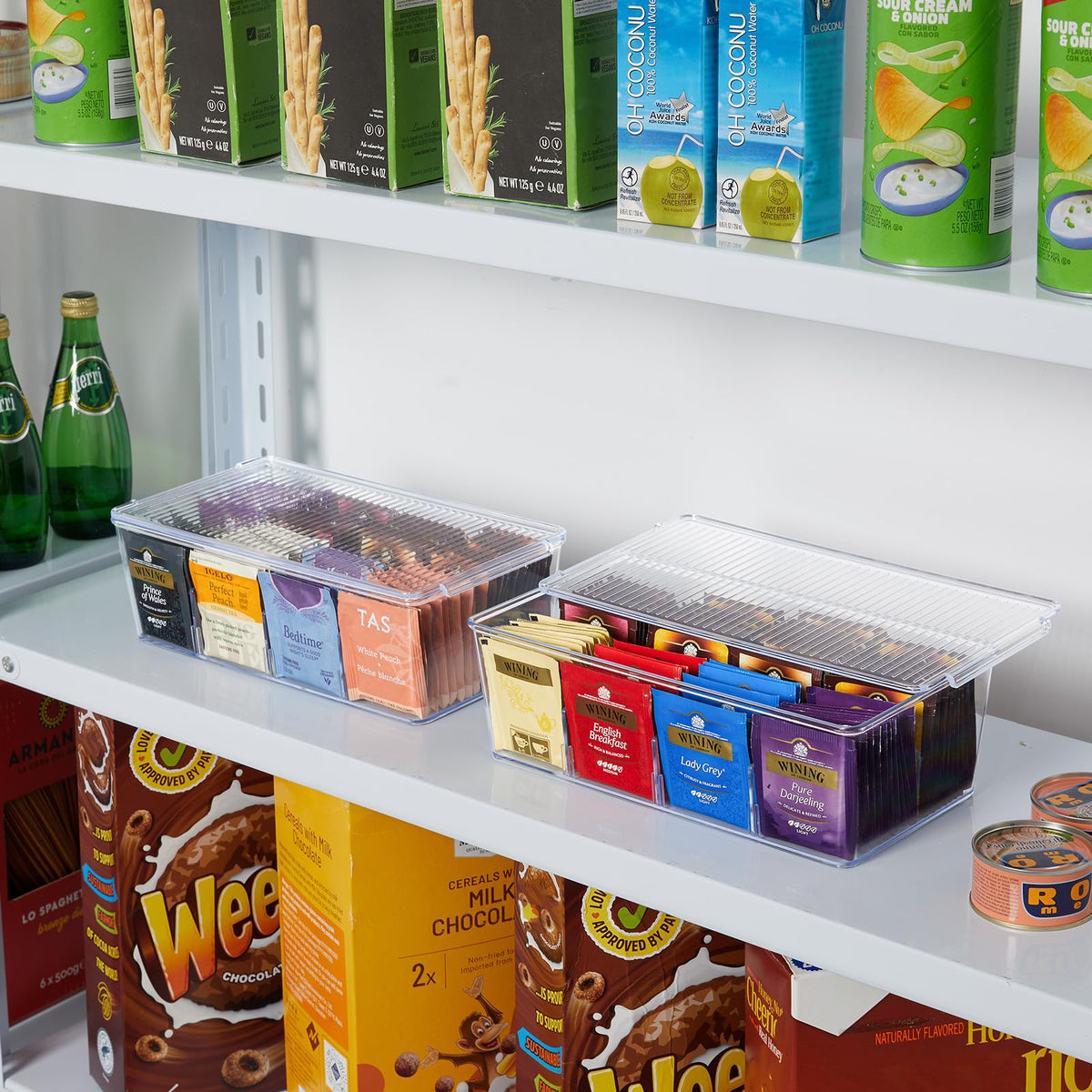 Lifewit stackable container fits on cabinets, countertops, or pantries.