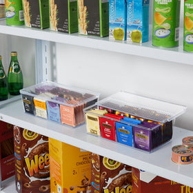 Lifewit stackable container fits on cabinets, countertops, or pantries.