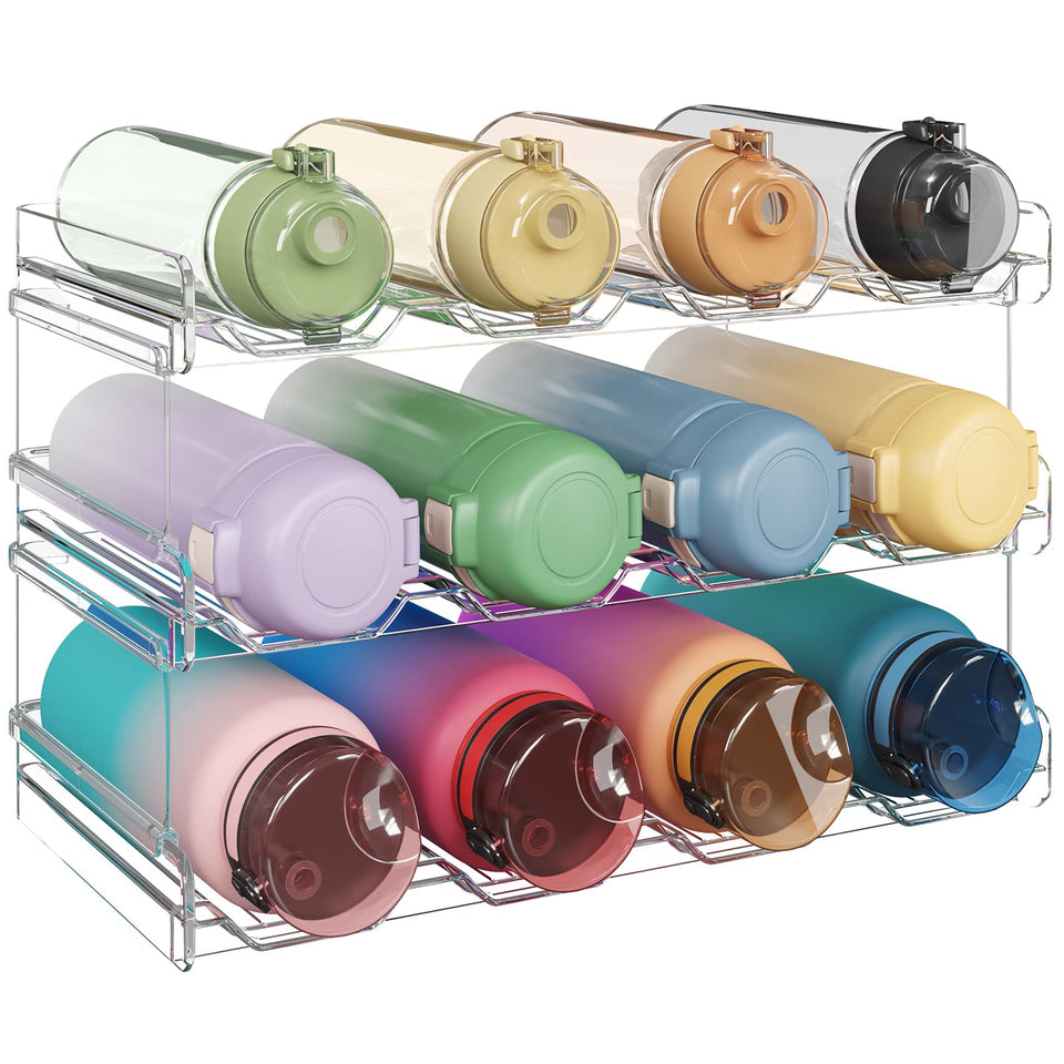 Lifewit stackable water bottle organizer on shelf keeps bottles tidy and accessible.