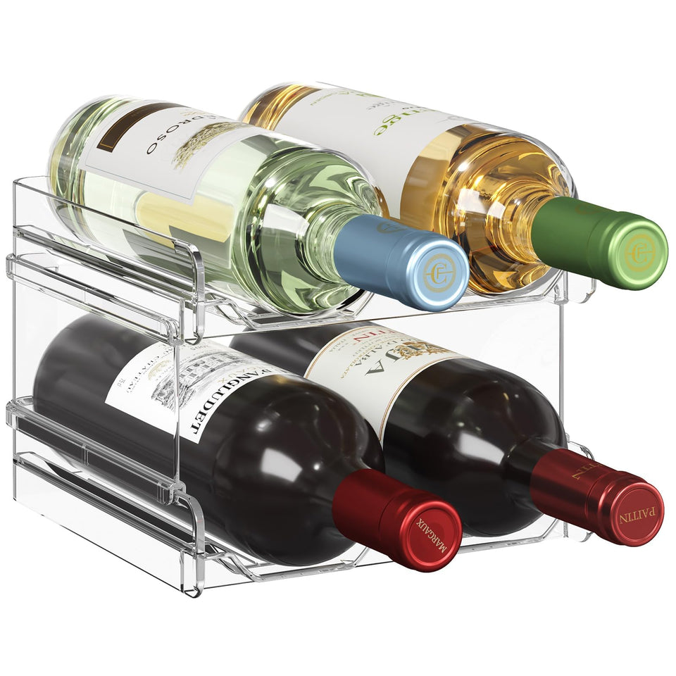 Lifewit stackable wine rack in fridge keeps bottles organized and easy to reach.