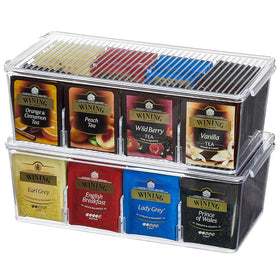 Lifewit tea bag organizer with lid demonstrates stackable design for space-saving cabinet storage.