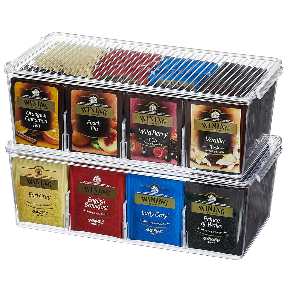Lifewit tea bag organizer with lid demonstrates stackable design for space-saving cabinet storage.
