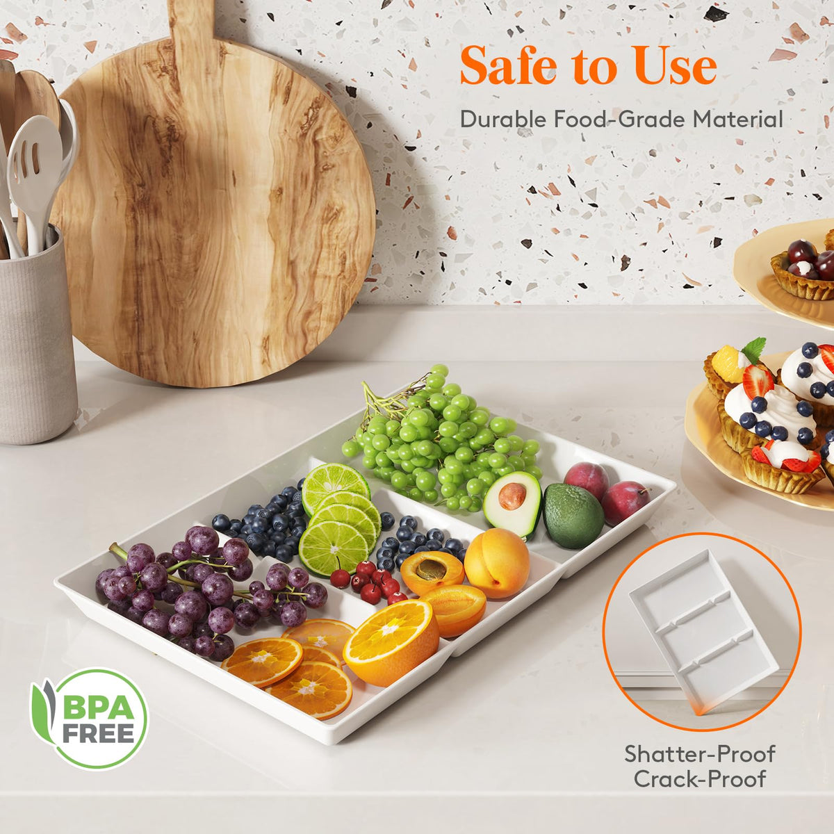 Lifewit tray close-up showing three compartments for organized appetizers and desserts.