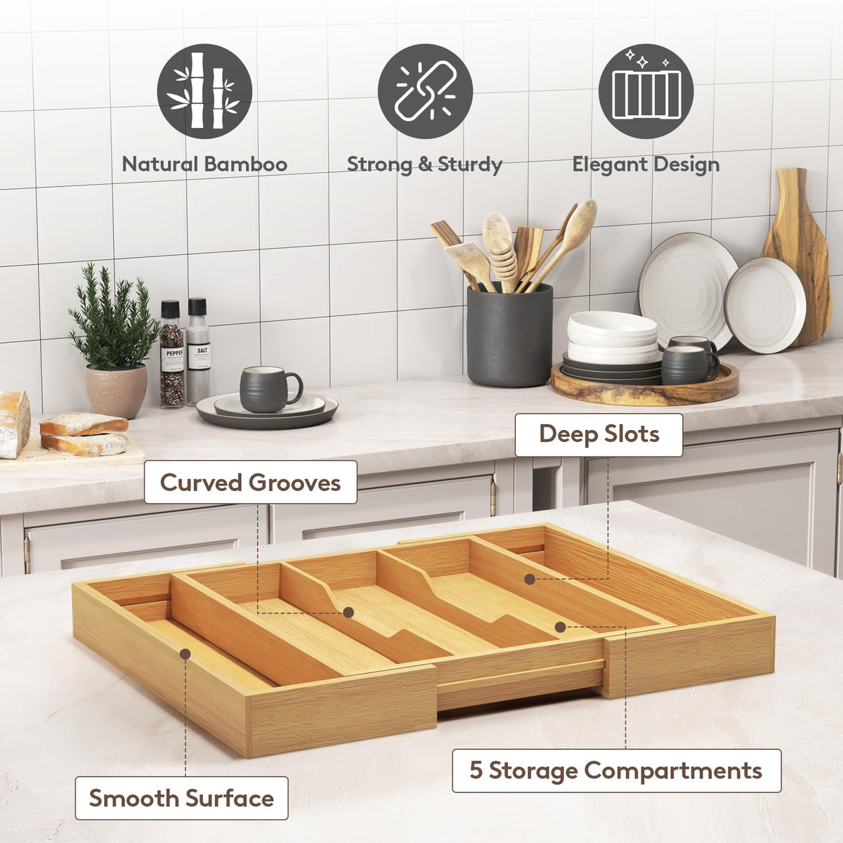 Compact 2-inch height helps maximize kitchen drawer space.