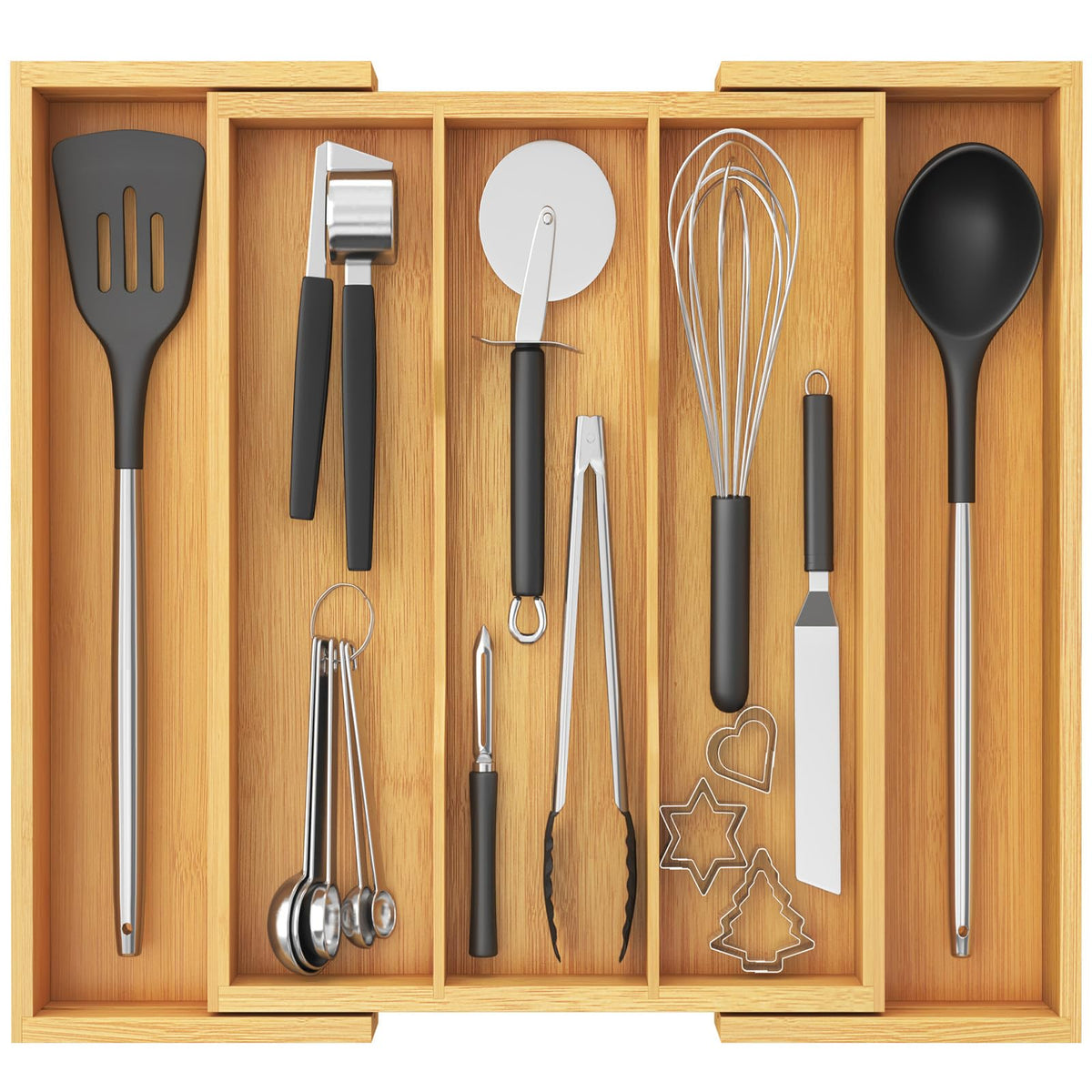 Lifewit utensil organizer in a drawer with three compartments for quick utensil retrieval.