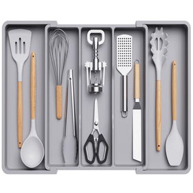 Lifewit utensil organizer in drawer with three roomy compartments for utensils.