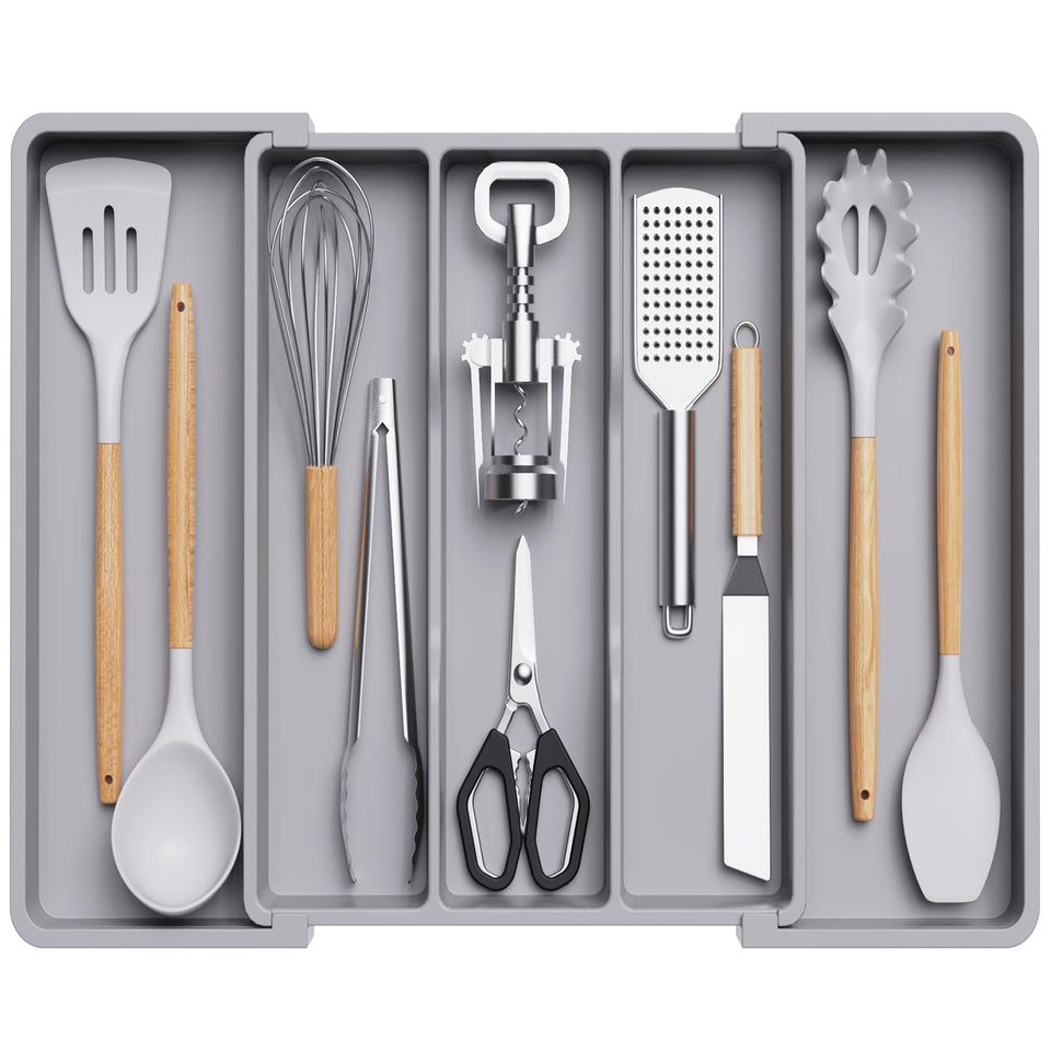 Lifewit utensil organizer in drawer with three roomy compartments for utensils.