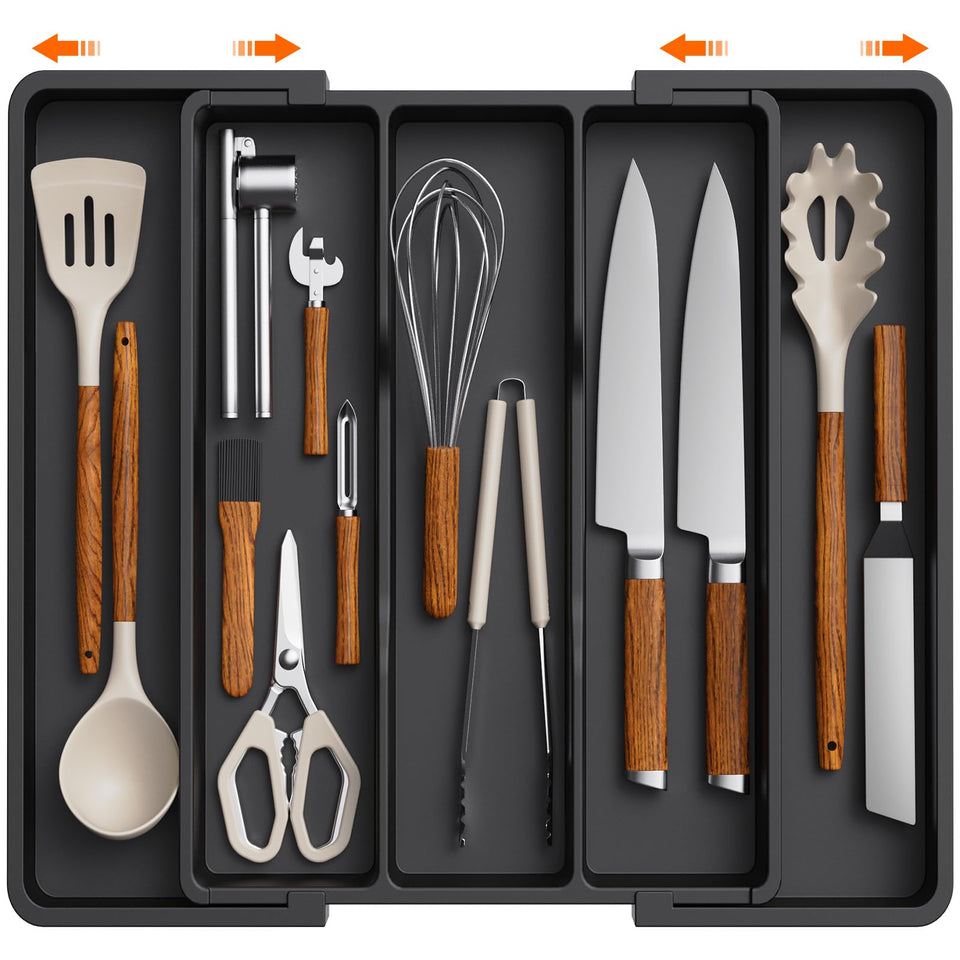 Lifewit utensil organizer in a drawer, closed, compact and sleek for space-saving storage.