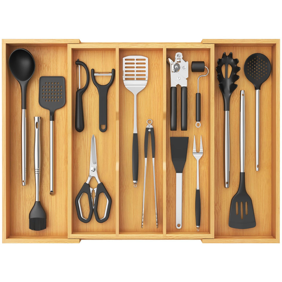 Lifewit Utensil Organizer in natural wood keeps drawers tidy for quick meal prep