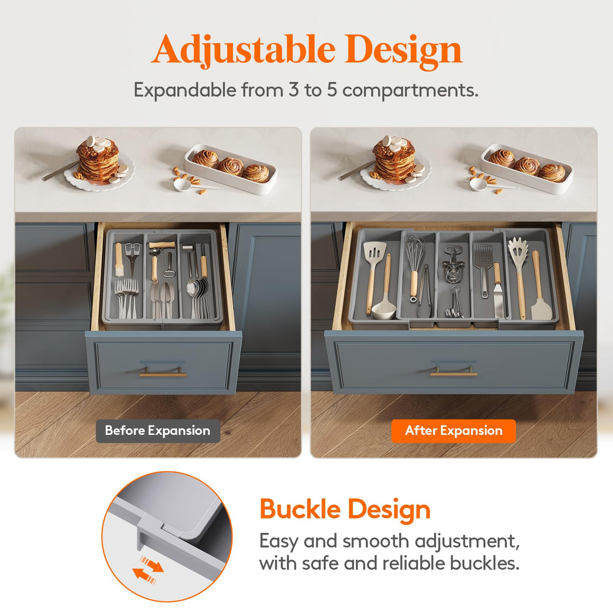 Lifewit organizer's solid bottom and dividers keep utensils upright and accessible.