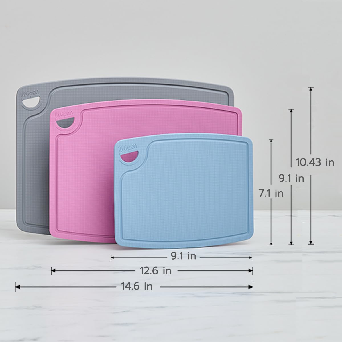 Liflicon color-coded silicone cutting board set highlights clear labeling.