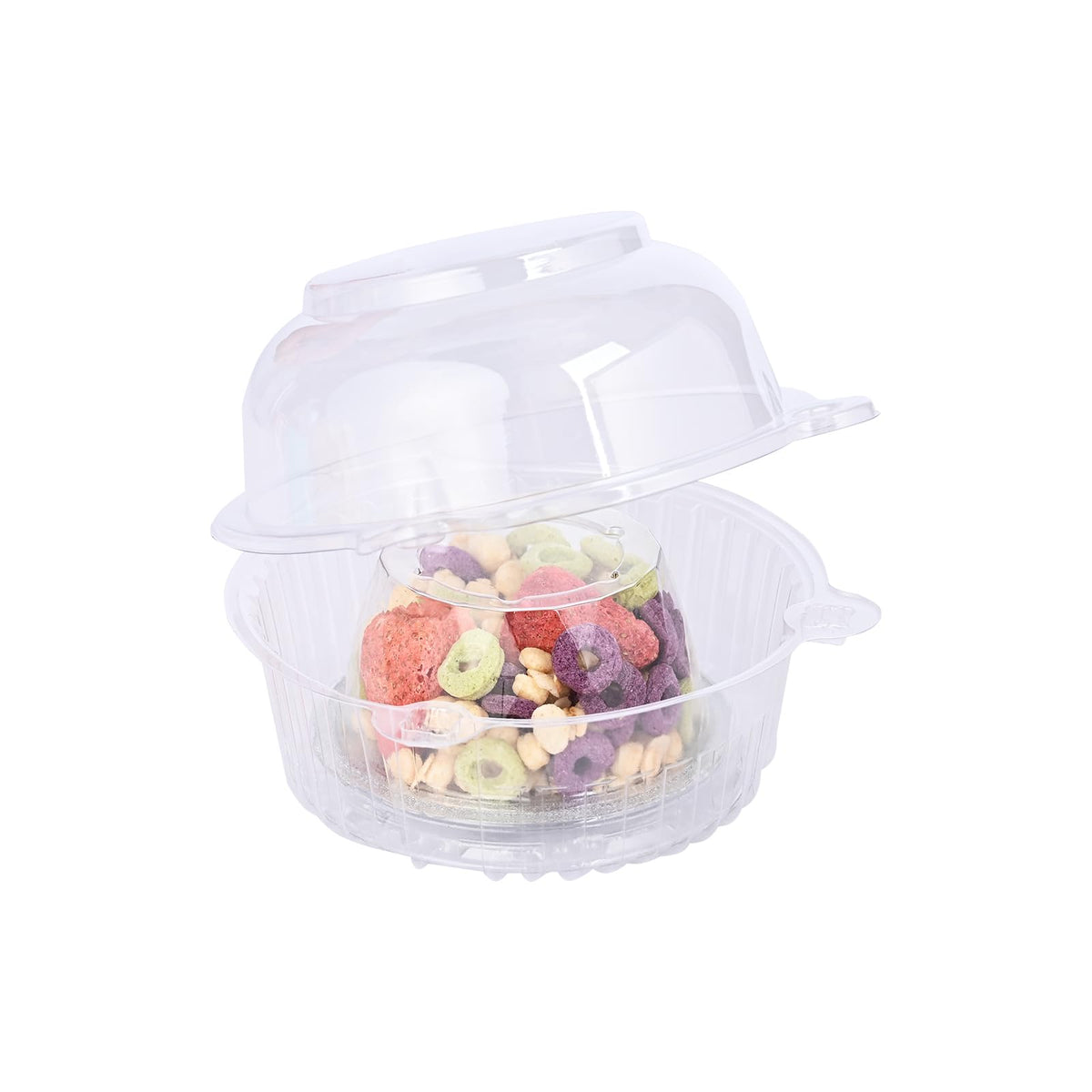 Lifuope clear plastic muffin container highlights decorations and frosting.