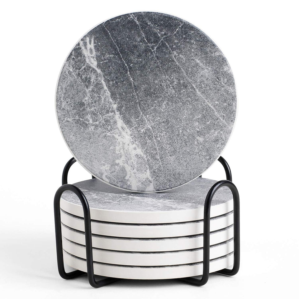 LIFVER coasters with absorbent ceramic top and cork base shield surfaces stylishly.