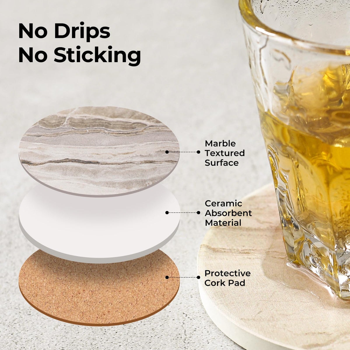 Absorbent ceramic coasters wick moisture for clean tabletops.