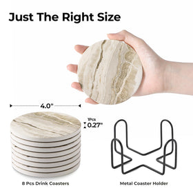 LIFVER coaster set with black metal holder keeps coasters organized and accessible.