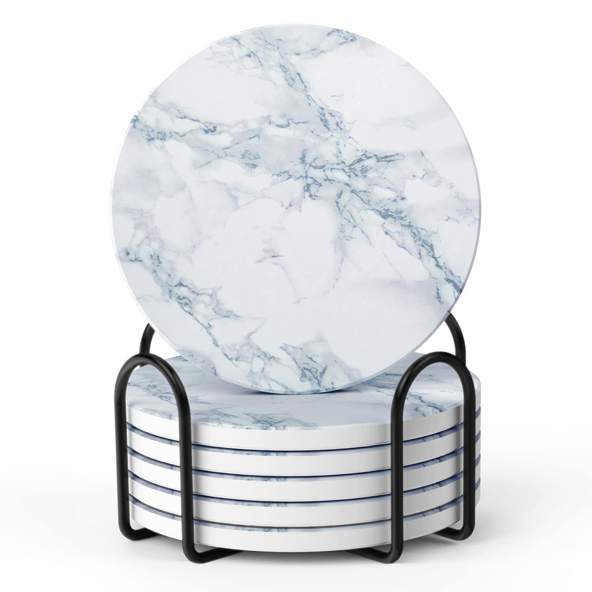 LIFVER coasters set of 6 with holder, white marble style, protects tabletops.