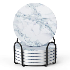 LIFVER coasters set of 6 with holder, white marble style, protects tabletops.