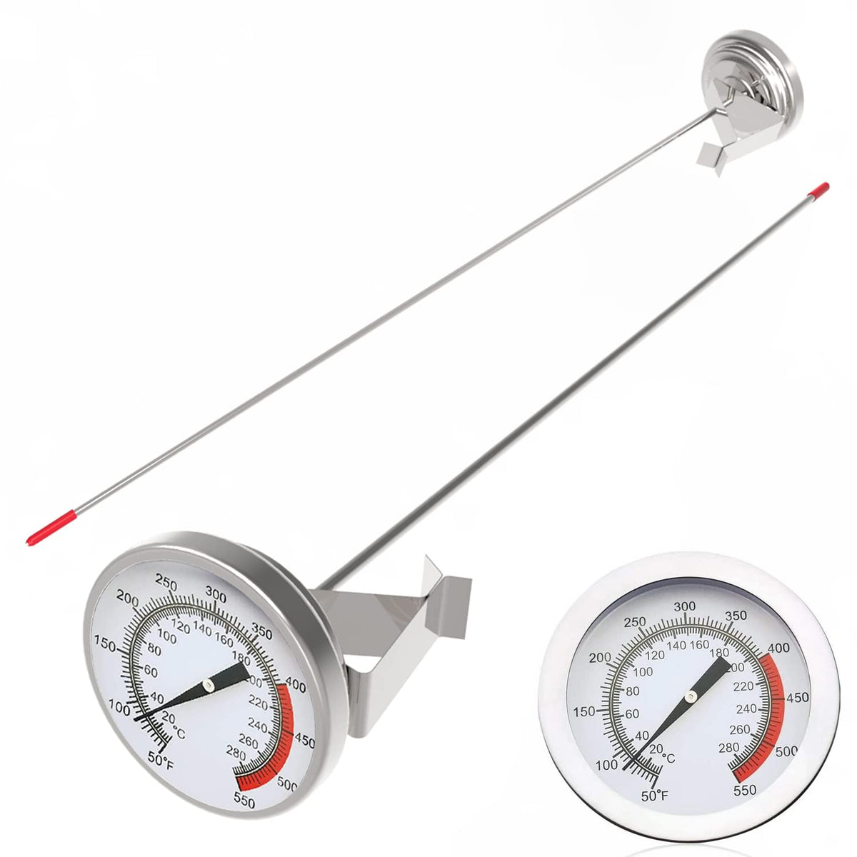 LightBeam deep fry thermometer with 16-inch stem and clip for safe frying.