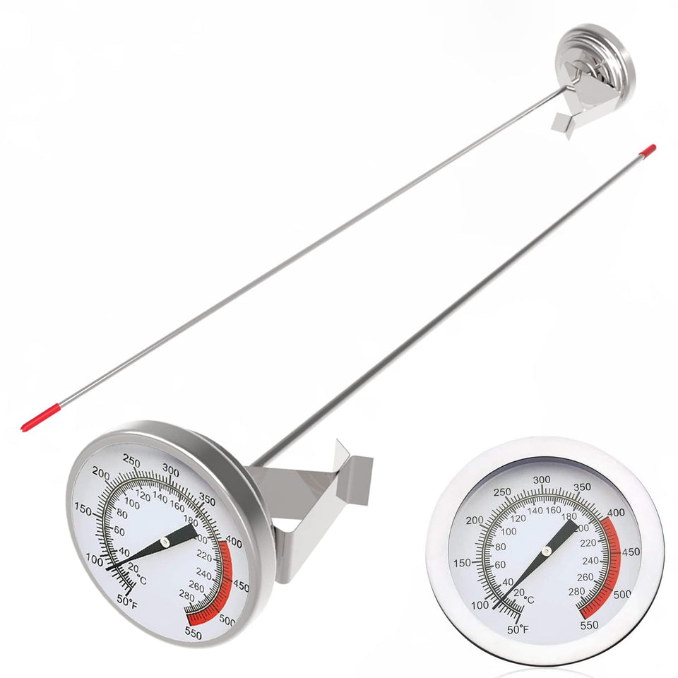 LightBeam deep fry thermometer with 16-inch stem and clip for safe frying.