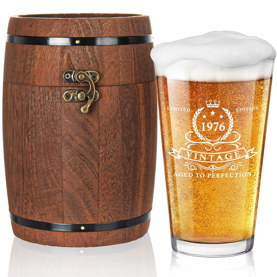 Lighten Life 1976 pint glass in wooden barrel box for 50th birthdays
