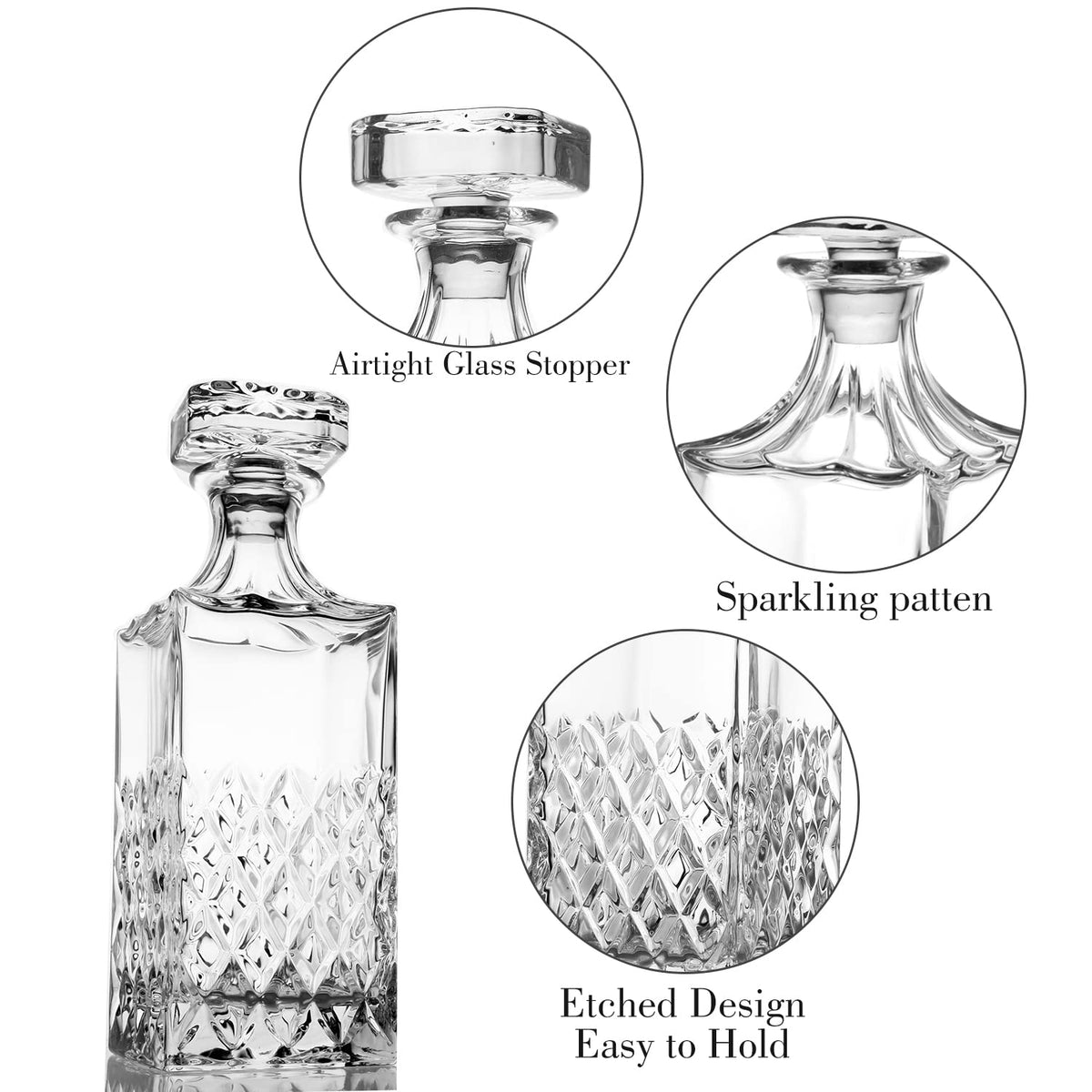 Airtight glass stopper preserves aroma between serves.