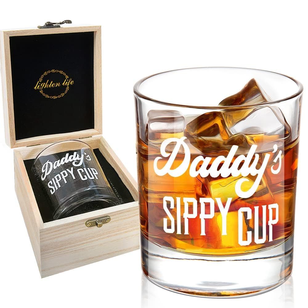 Lighten Life Daddy's Sippy Cup Whiskey Glass 12 oz front view shows crystal clarity and grip.