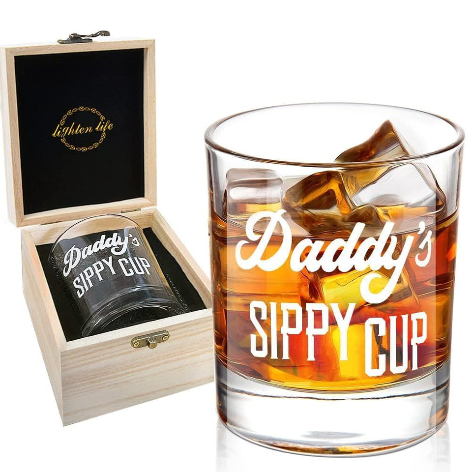 Lighten Life Daddy's Sippy Cup Whiskey Glass 12 oz front view shows crystal clarity and grip.