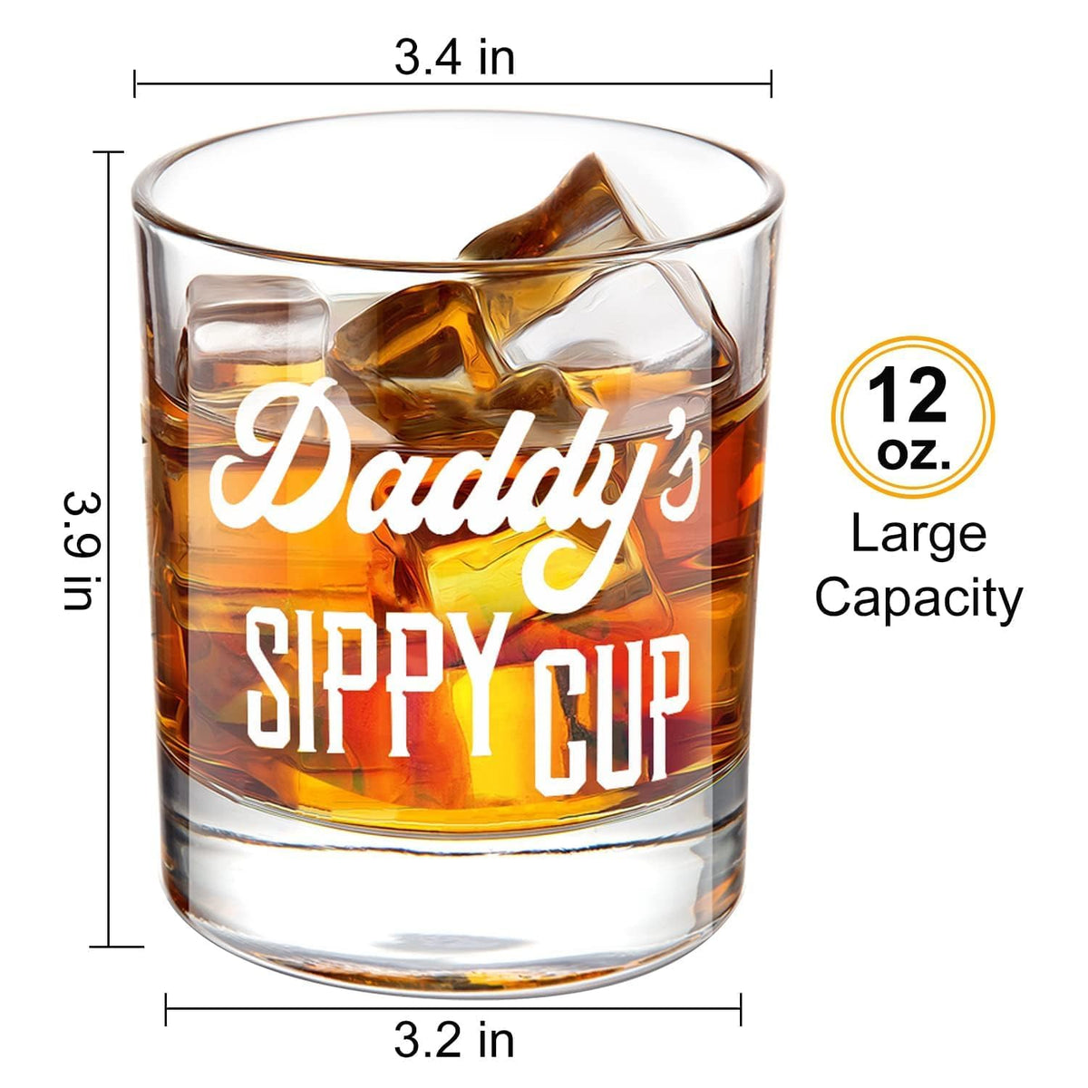 Lighten Life Daddy's Sippy Cup Whiskey Glass 12 oz side view highlights sturdy base.