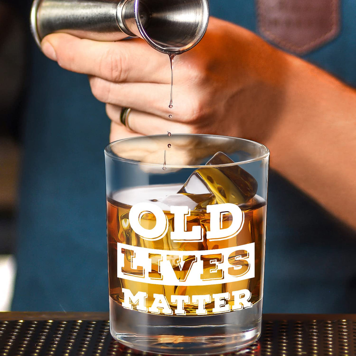Lighten Life Old Lives Matter motto on glass appealing to humor-loving family and friends.